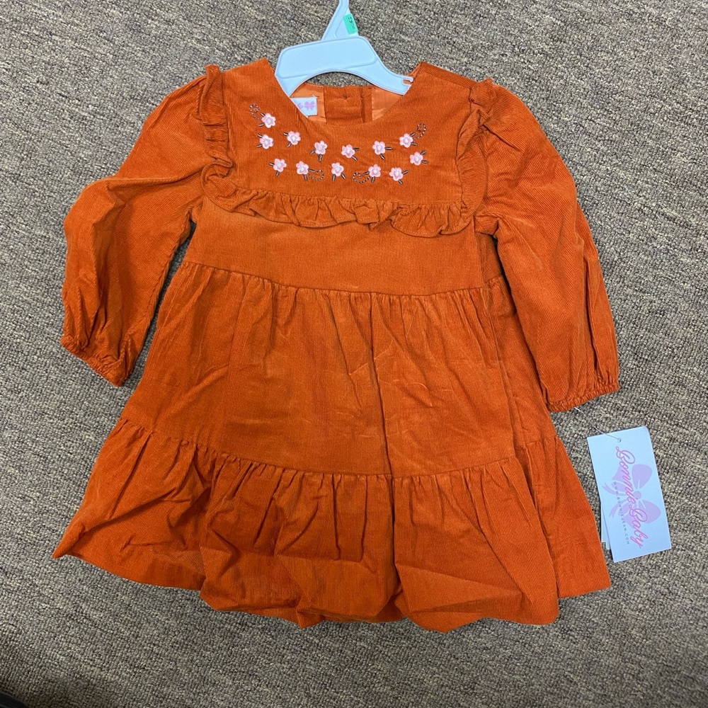 Bonnie Baby Orange Corduroy Ruffled Dress with Floral Embroidery